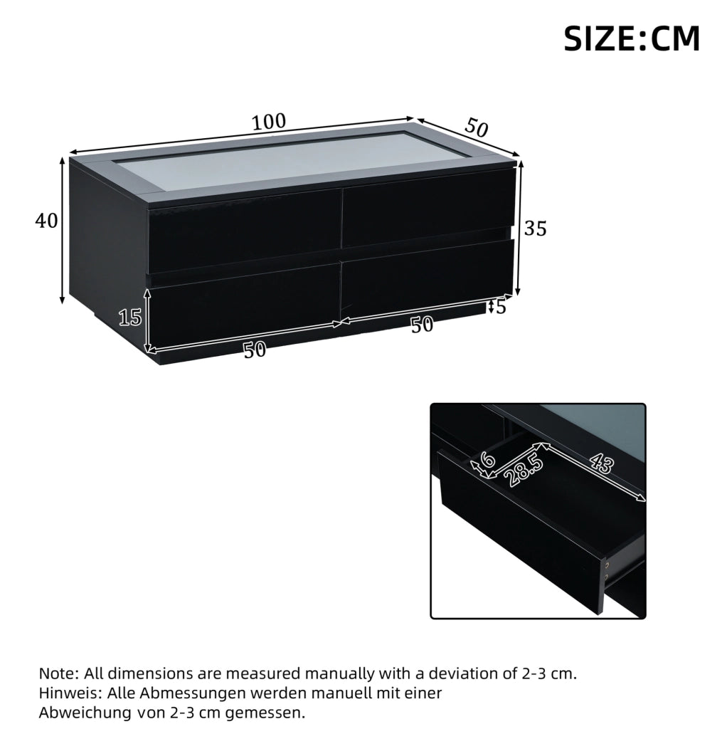Tavolino da salotto nero 100x50x40 cm con 4 cassetti e LED