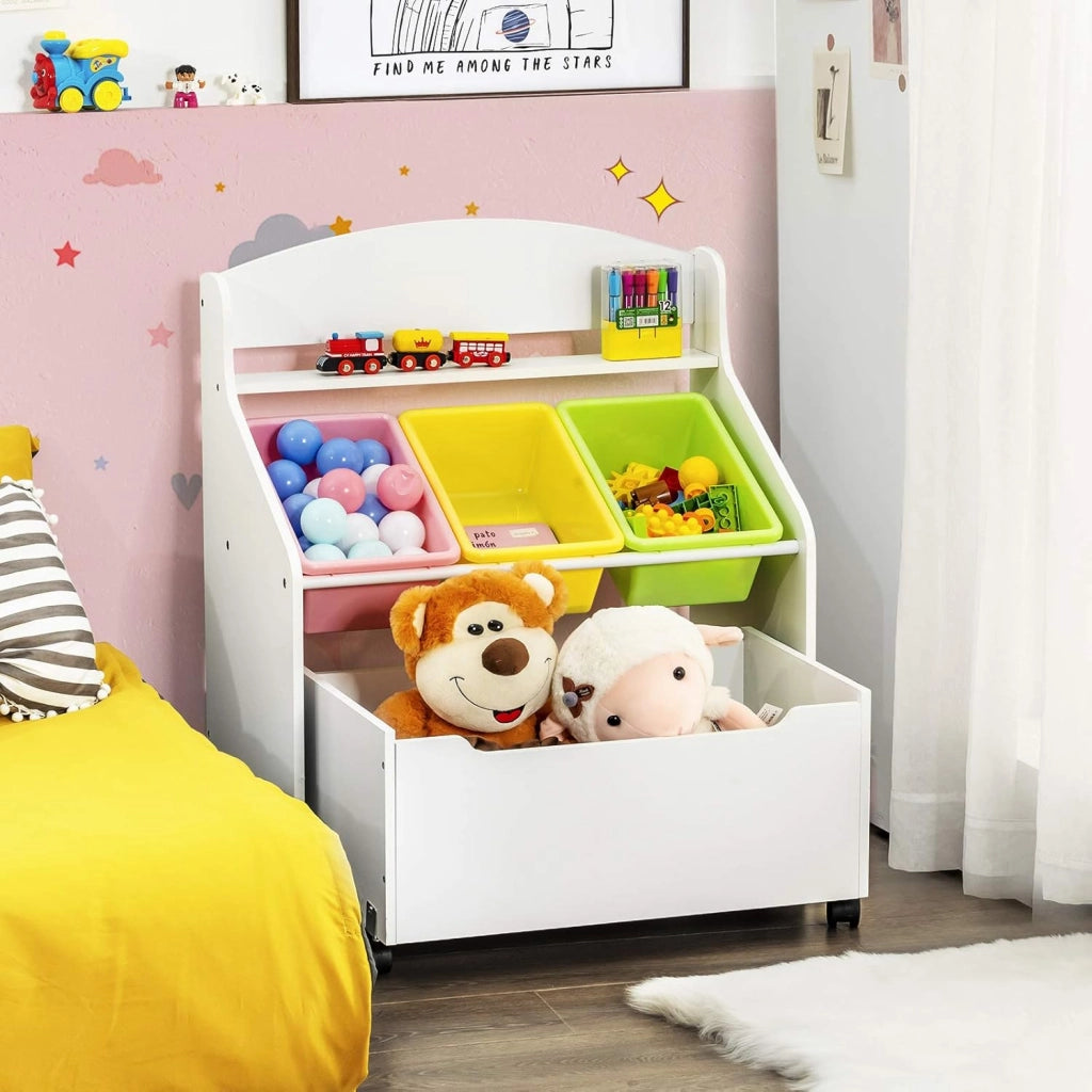 Scaffale Porta Giocattoli per Bambini in Legno con Contenitore e 3 Vassoi, Mobiletto Multiuso per Bambini con Ruote,Cesto Portaoggetti per Camera dei Bambini, 76 x 38 x 63,5 cm (bianco)