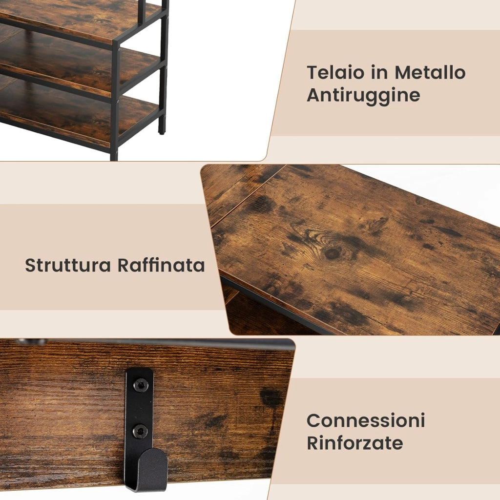 Stand Appendiabiti Angolare, Appendiabiti a Forma L con Ripiani Aperti 7 Ganci e Panca per Scarpe, Struttura in Metallo e Piedini Regolabili, 90x90x178 cm (Marrone industriale)