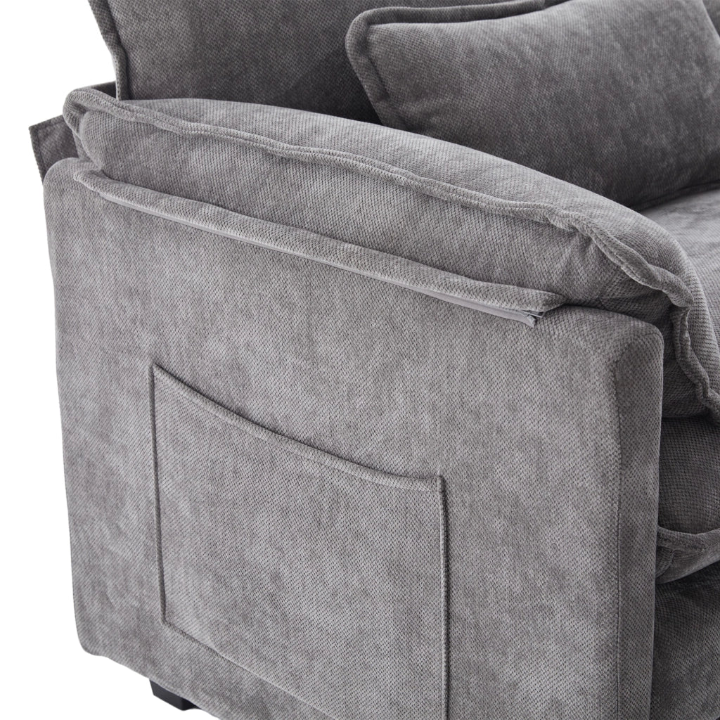Poltrona con pouf contenitore e tasche laterali per salotto e camera, in ciniglia, Grigio