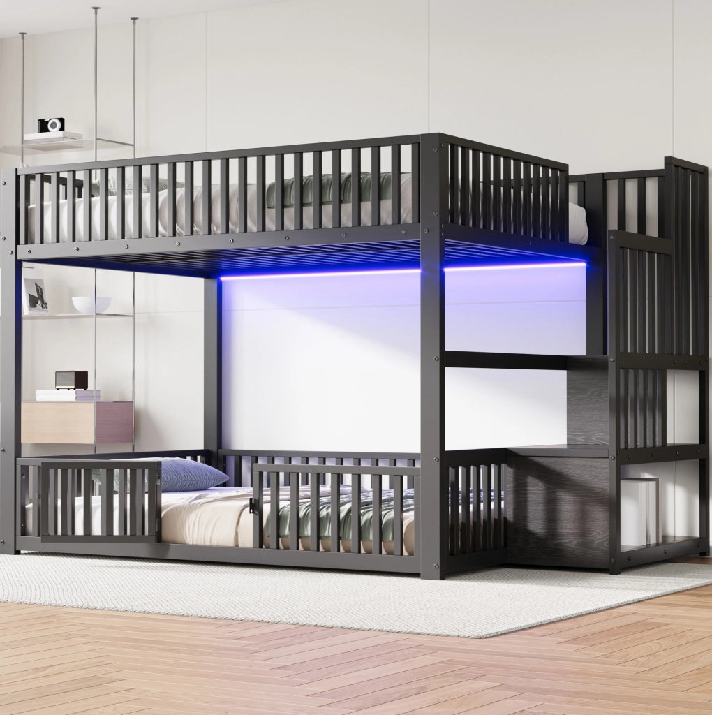 Letto a castello 140x200 cm in metallo nero con LED e scaletta contenitore