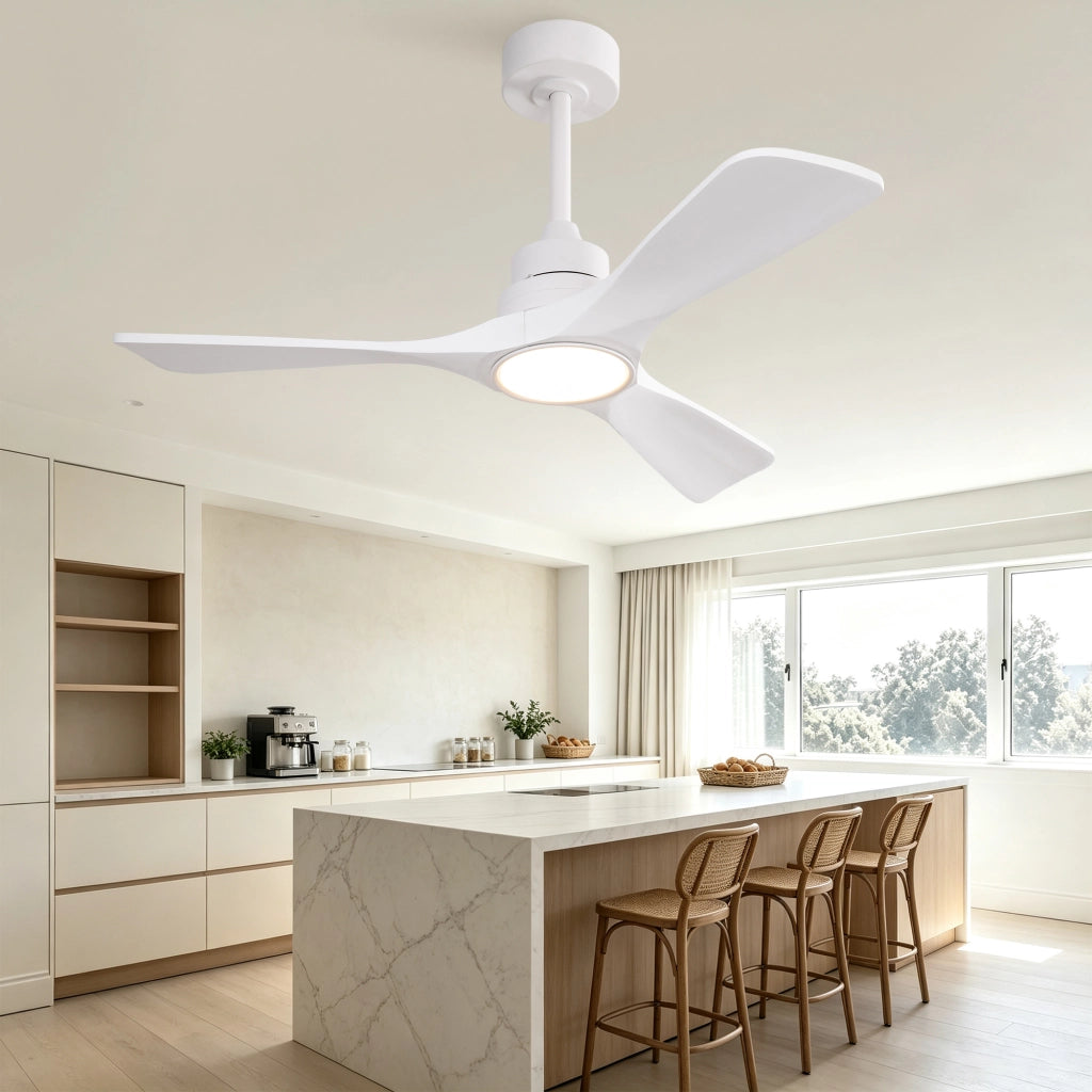 Ventilatore da soffitto bianco puro 42 pollici, 3 pale ad elica rinforzate in legno massello, motore DC reversibile silenzioso, design moderno
