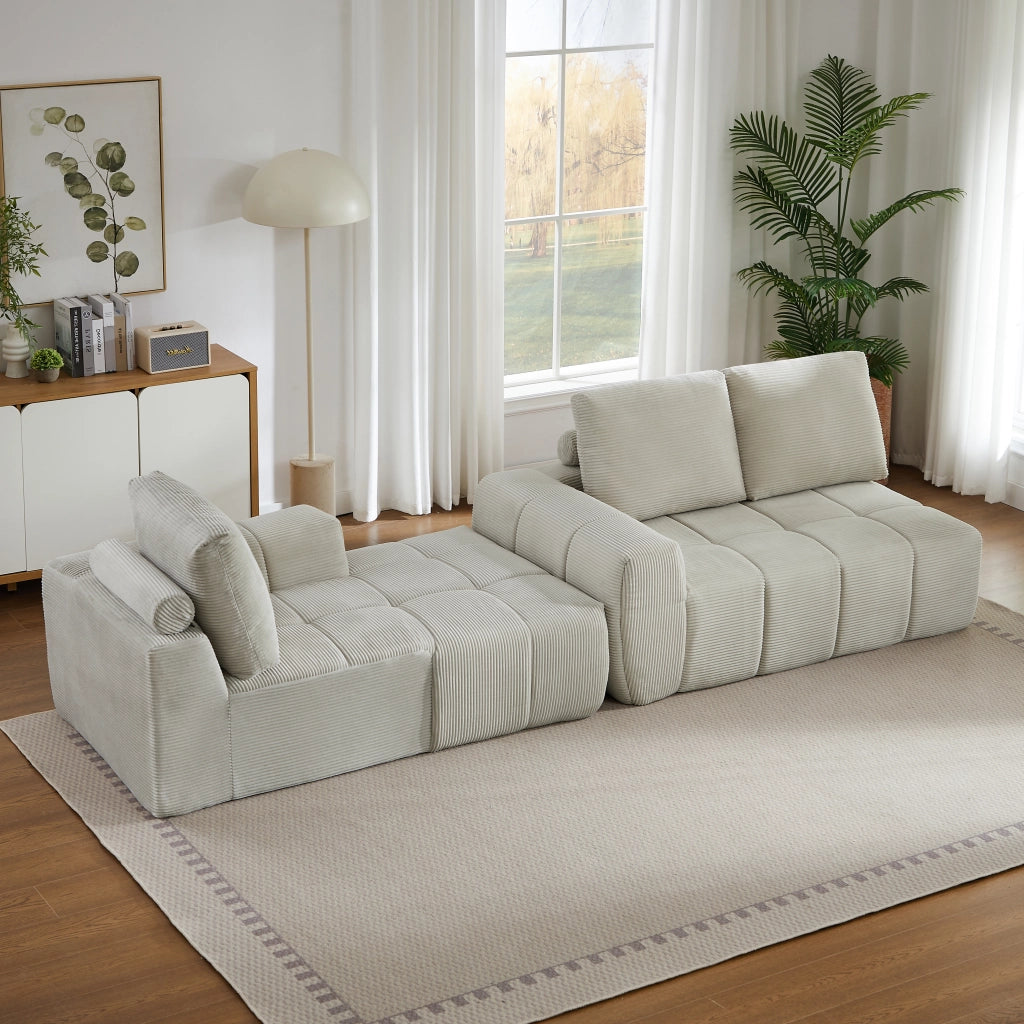 Divano angolare in velluto a coste con design segmentato e cuscini sfoderabili senza montaggio per soggiorno beige