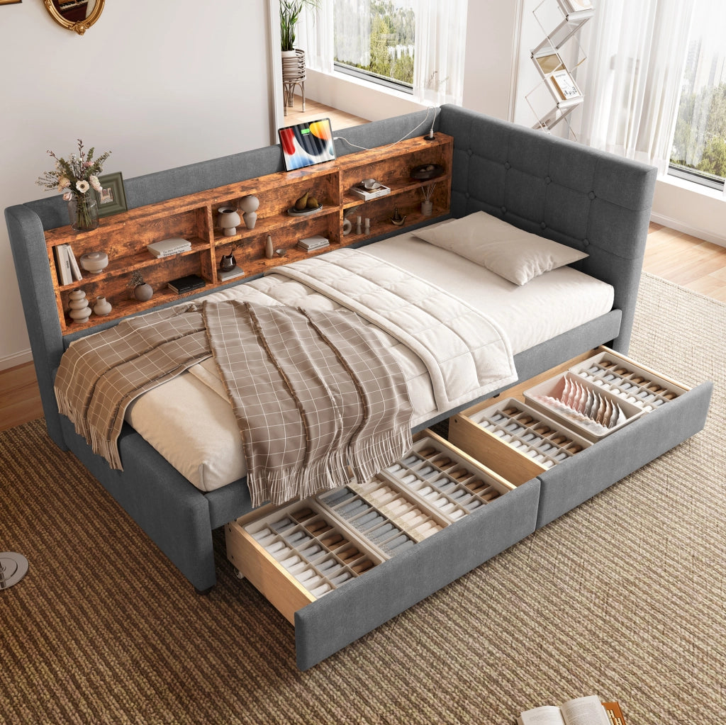 Letto singolo 90x200 cm grigio con cassetti, USB e Type-C