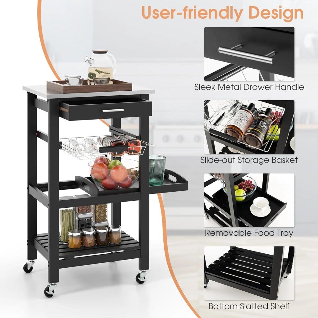 Carrello da Cucina a Rotelle con Mensole, Cassetto, Carrello di Servizio, Stile Moderno per Cucina e Soggiorno, 47x39x85 cm, Bianco/Nero (Nero)