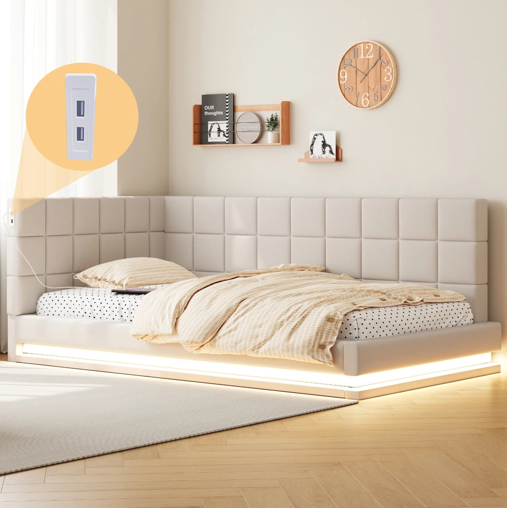 Divano letto imbottito 90x200 cm con LED RGB e presa USB; in tessuto di lino beige