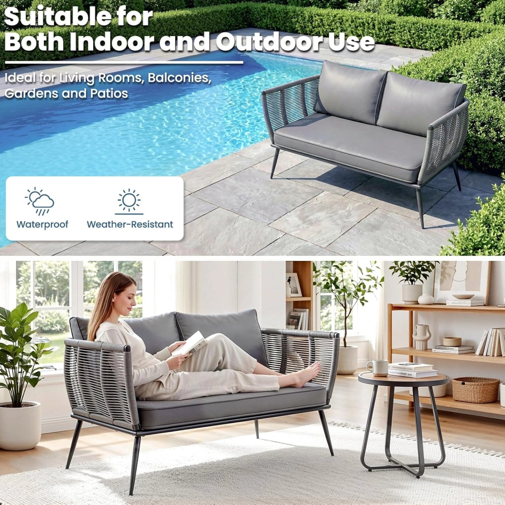 Divano in rattan a 2 posti, per balcone, grigio, divano, piccolo balcone, giardino d'inverno, terrazza, mobili per interni ed esterni, resistente alle intemperie, panca con schienale