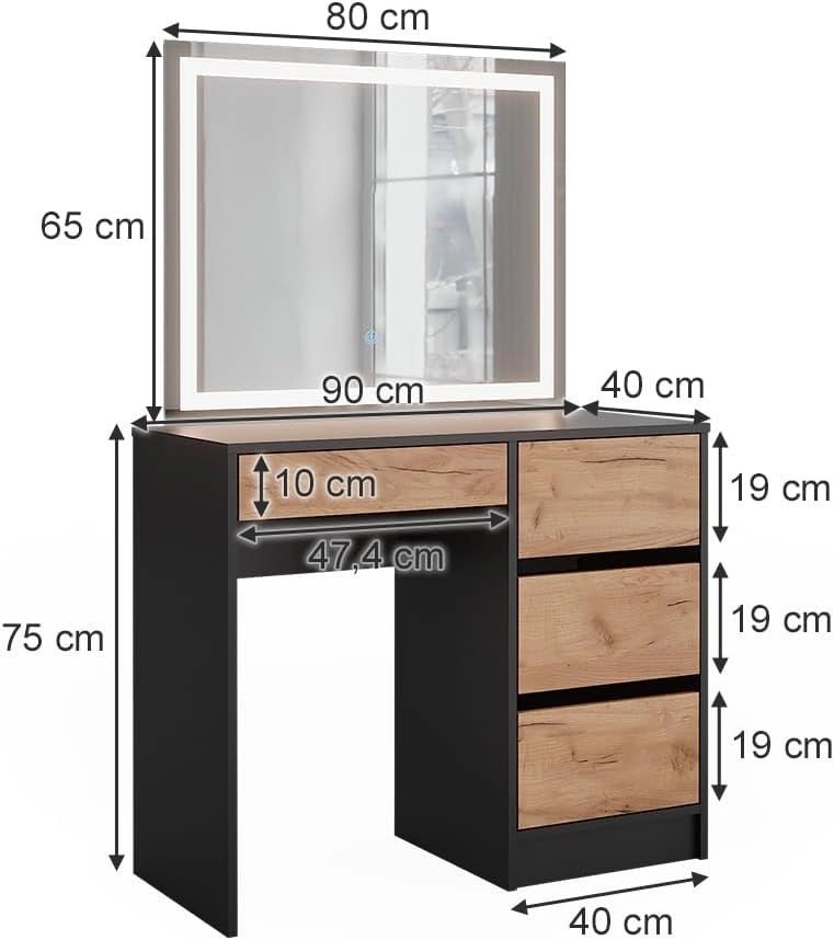Tavolo da toilette Sherry, Antracite/quercia dorata, 90 x 75 cm con specchio a LED, con illuminazione LED e sgabello coordinato