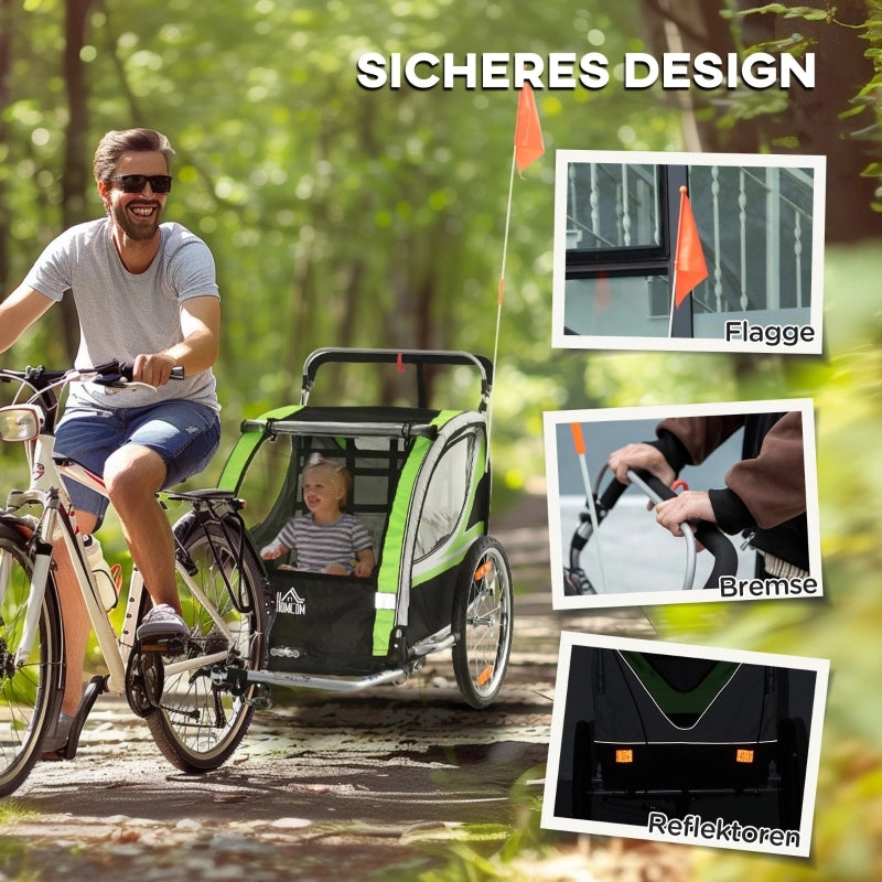 Rimorchio per bicicletta 2 in 1 per 2 bambini, funzione di spinta, parapioggia, freno, verde
