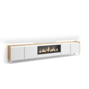 Mobile TV Soggiorno, 315x61x35 cm, Per TV fino a 80", Camino elettrico XXL, Design industriale, LED, Bianco e Rovere soft