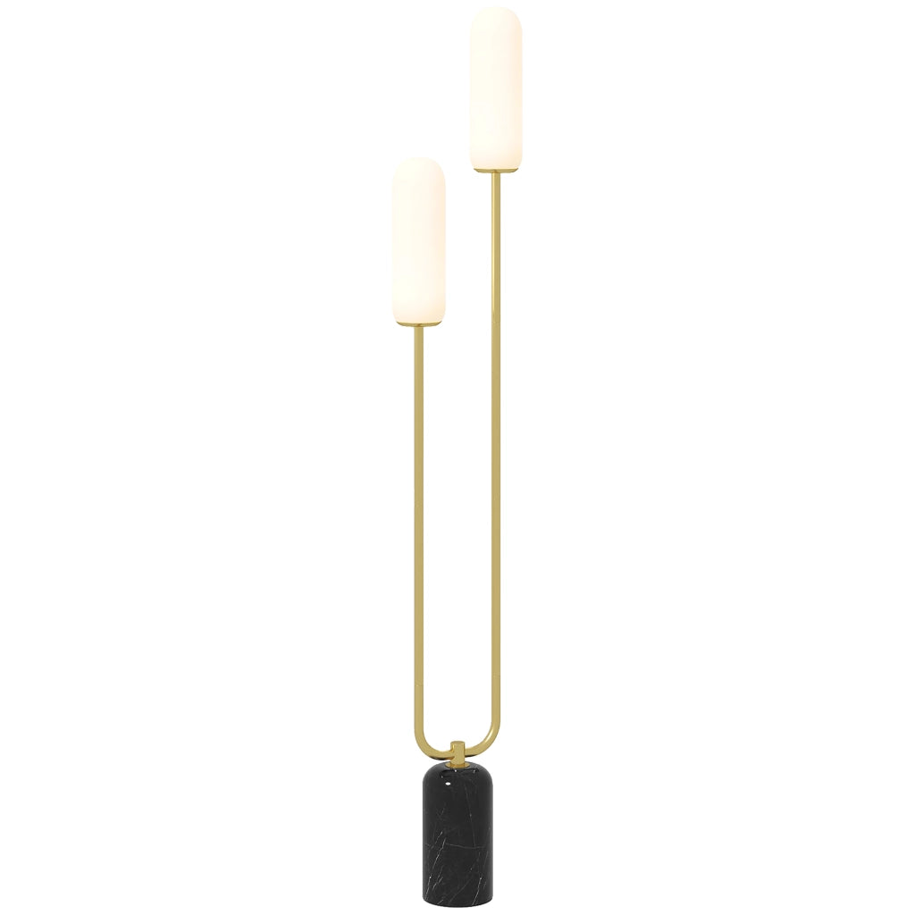Lampada da terra ¨C Minimal ¨C base in marmo, 2 paralumi in vetro, interruttore a pedale, bianco