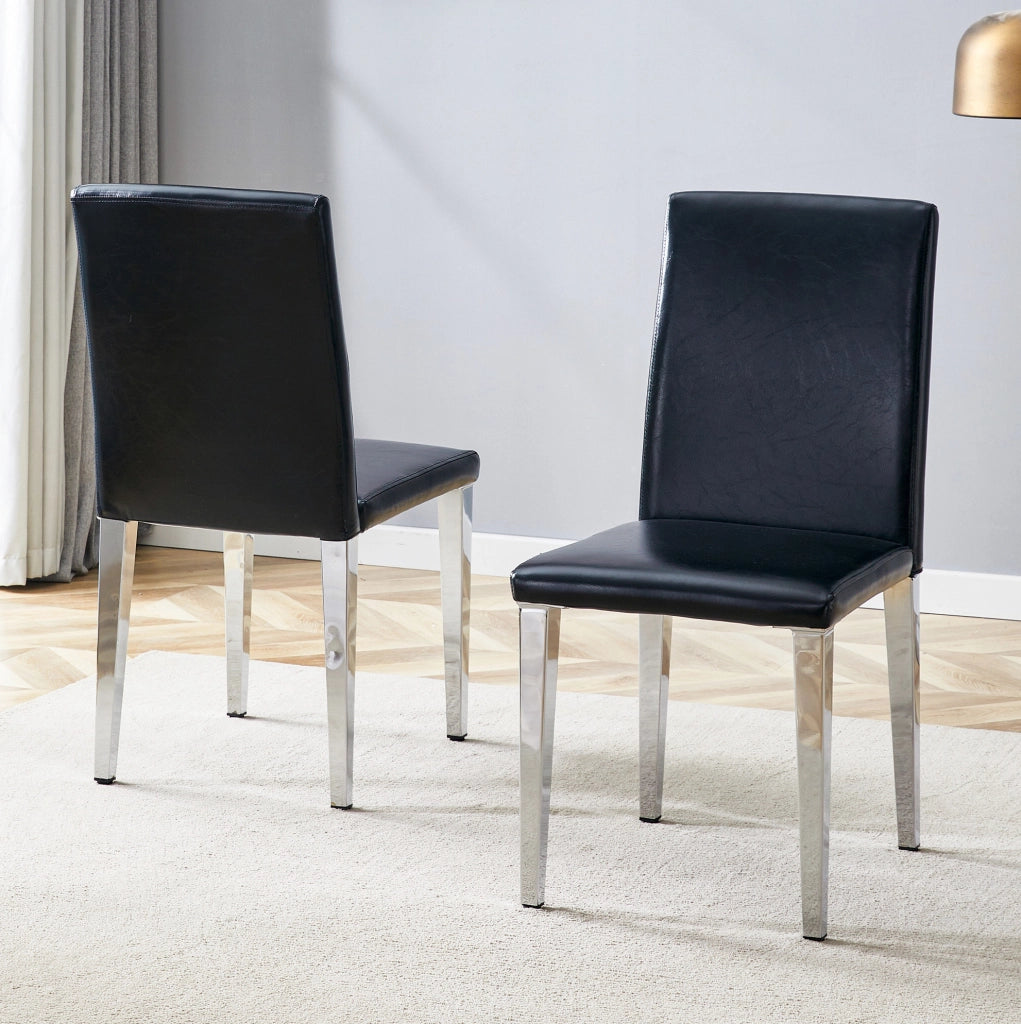 Set 2 sedie da pranzo moderne in PU nero con gambe in metallo argentato; h 90 cm
