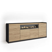 Credenza, Mobile, Cucina, 207x80x37 cm, 4 Porte, Camino elettrico, LED, Rovere e nero