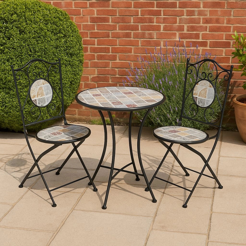 SET PER ESTERNO GIARDINO TAVOLO E 2 SEDIE CON INSERTI IN CERAMICA MODELLO "VILLEFRANCHE"