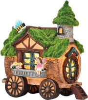 Struttura per giardino a quattro ruote, Casa delle fate per il giardino, Lampada solare con tetto rivestito, Casa delle fate realizzata con resina impermeabile, Decorazione per giardino per casa delle fate.