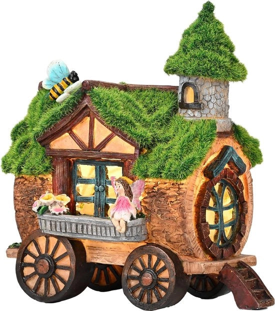 Struttura per giardino a quattro ruote, Casa delle fate per il giardino, Lampada solare con tetto rivestito, Casa delle fate realizzata con resina impermeabile, Decorazione per giardino per casa delle fate.