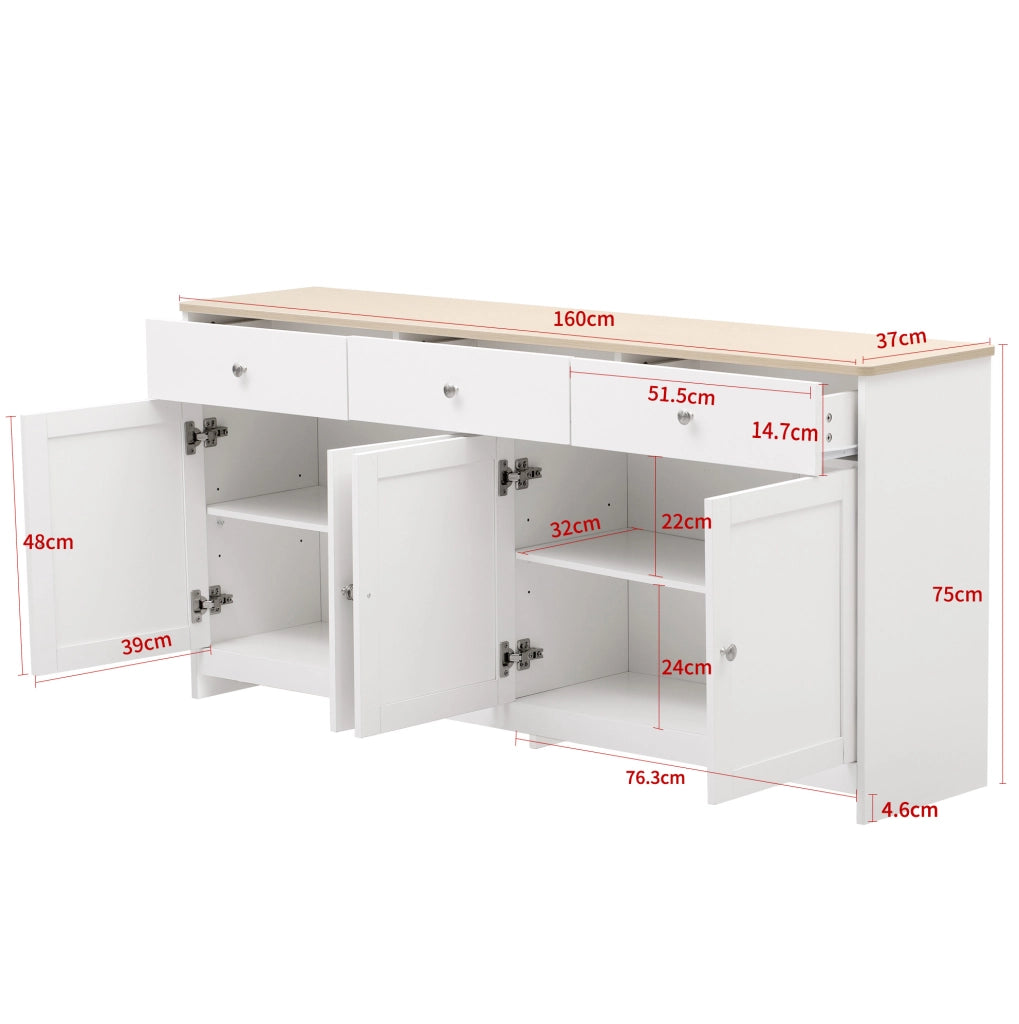 Credenza 160x37x75 cm con 3 cassetti; 4 ante e ripiani regolabili in MDF bianco e naturale