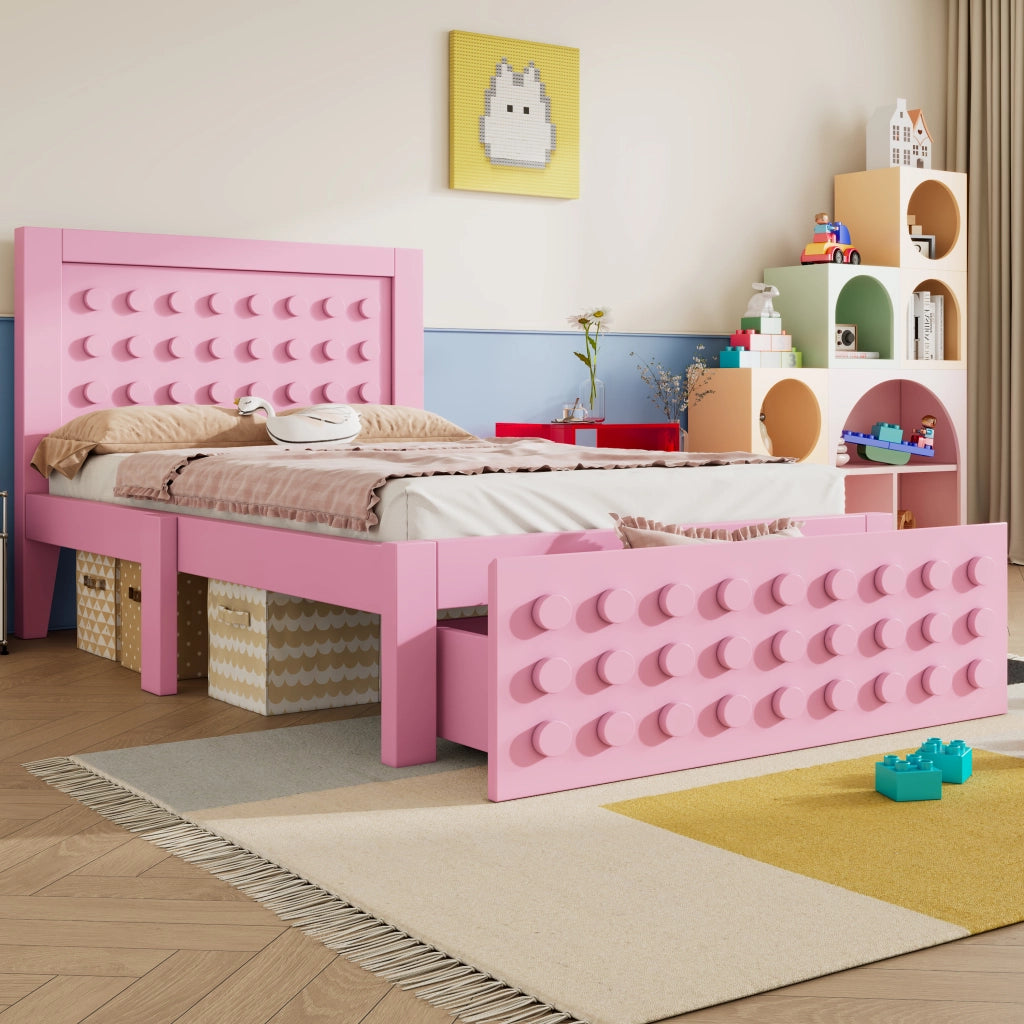 OKWISH Letto Bambini 90×200 cm, Letto Singolo con 1 Cassetto, Spazio contenitore sotto Letto e Bordi Smussati, senza Materasso, Legno, Rosa