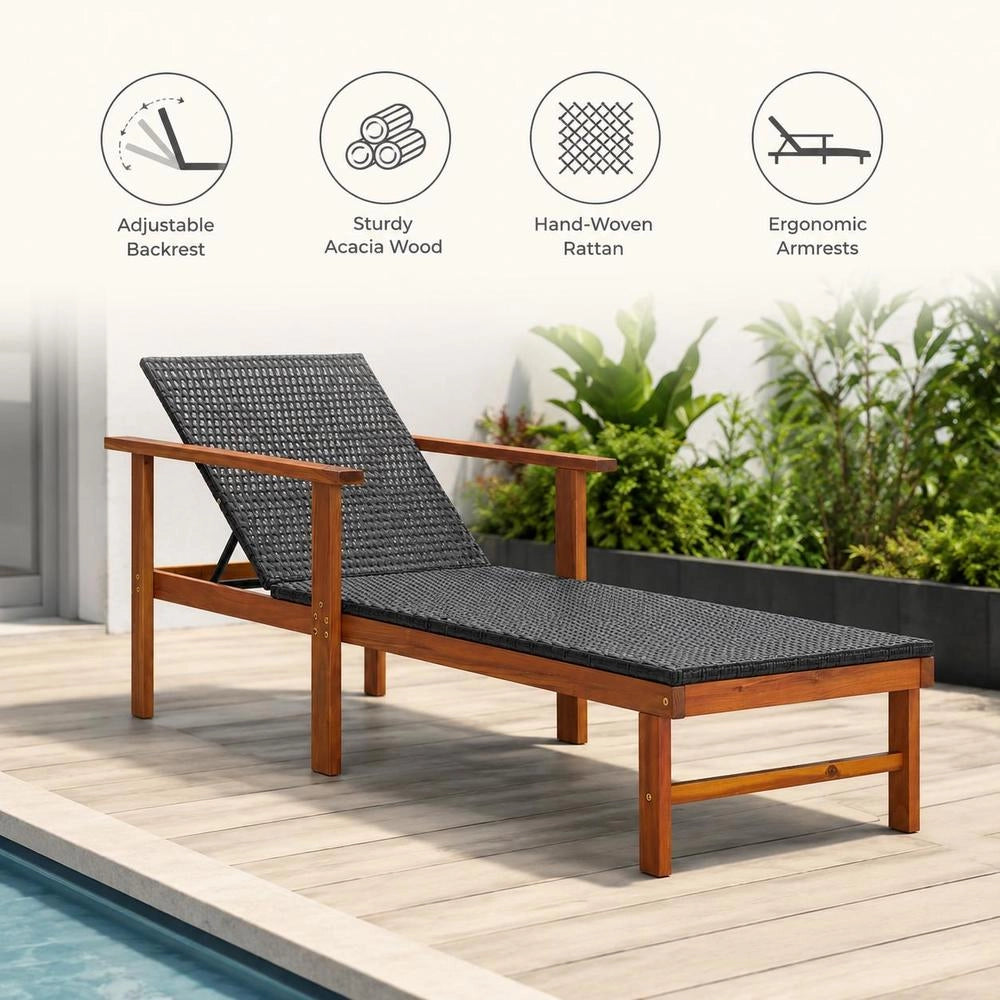 Sun Lounger Made Of Poly Rattan And Solid Acacia Wood, Black