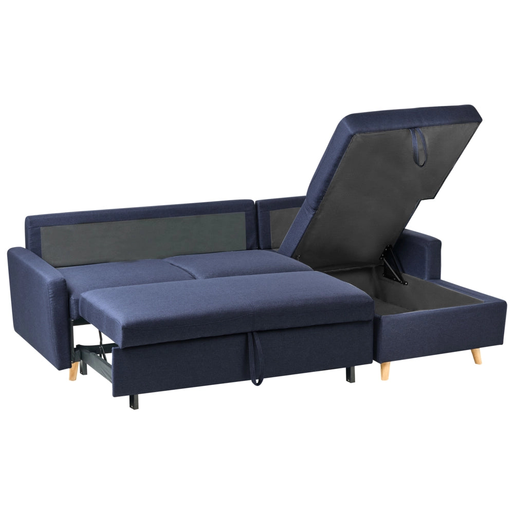 Divano letto ad angolo in tessuto blu 4 posti contenitore a forma di L con orientamento a versione sinistra