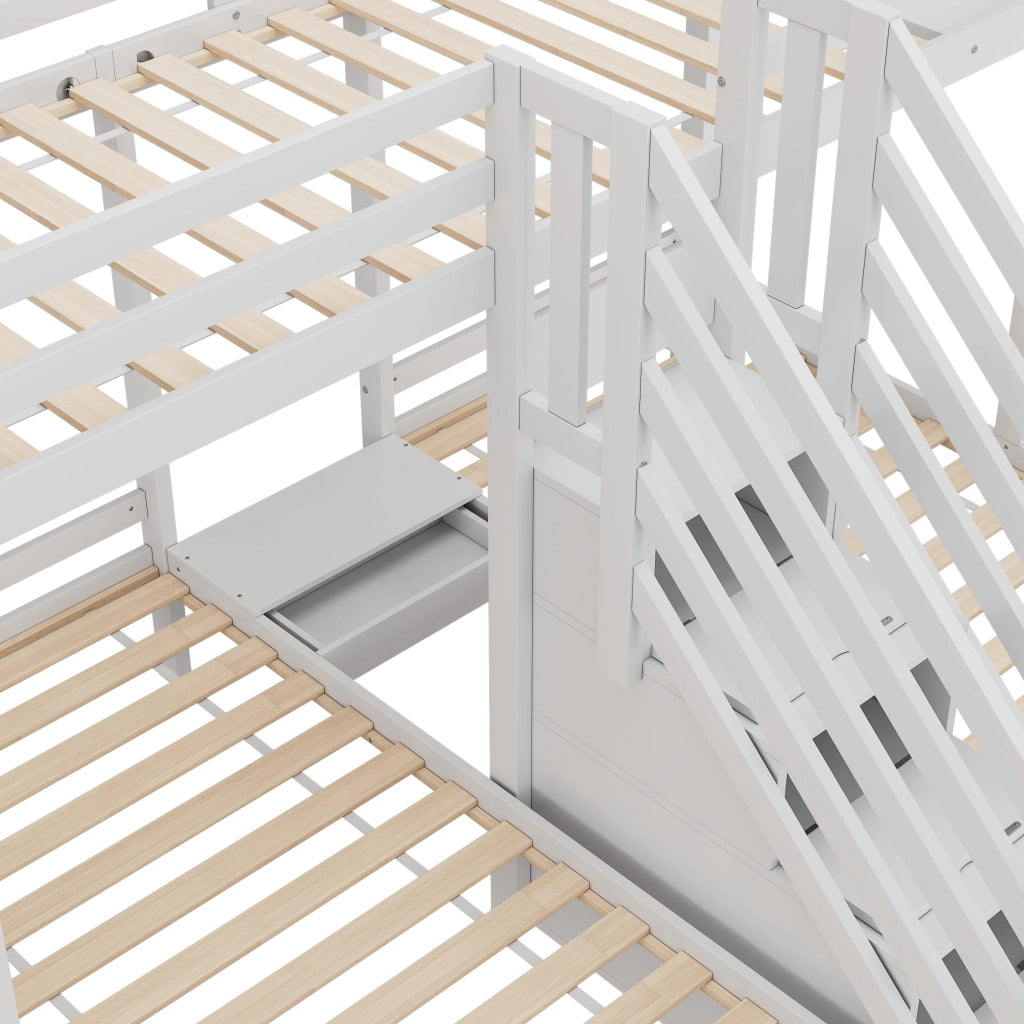 OKWISH Letto a Castello 90×200 cm, Letto 3 Posti con Scala Contenitore, Cassetti e Sponde, senza Materasso, in Pino, Bianco