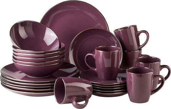 Servizio da 6 persone con bordo di ottone e ceramica lilla in 24 pezzi