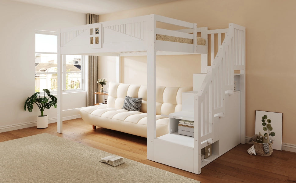 Letto a soppalco letto matrimoniale 140 × 200 cm con scala contenitore, ripiani e finestra, senza materasso, in legno, bianco