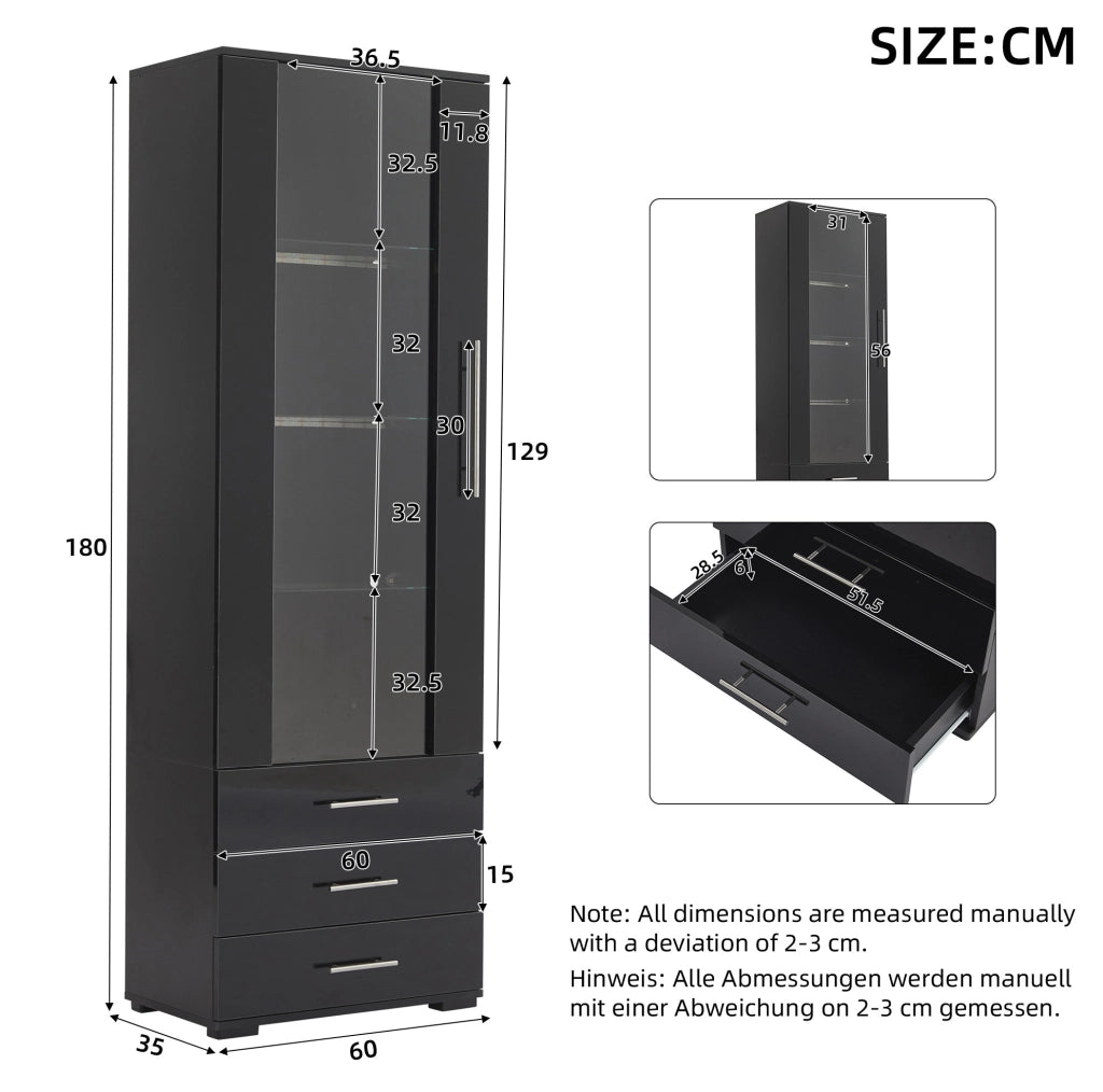 Vetrina verticale nera 60x35x180 cm in MDF con LED; 1 porta; 3 cassetti e frontale lucido