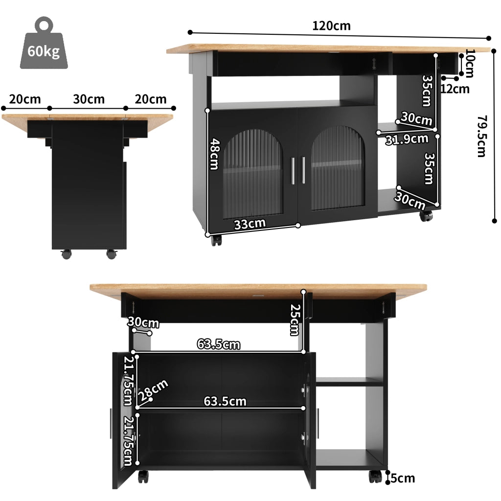Carrello da Cucina con Piano Ribaltabile; 2 Vani Chiusi; Ripiani Aperti e Ruote; in MDF e Vetro; 120x30x79.5 cm; Nero e Naturale