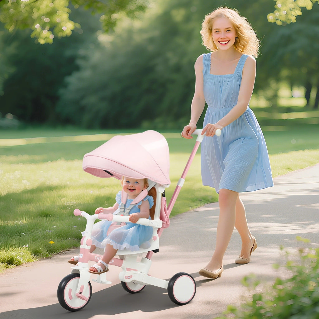 Triciclo 5 in 1 per Bambini con Maniglione di Spinta e Copertura ¨C Xylo ¨C Rosa, 96.5x49x101 cm