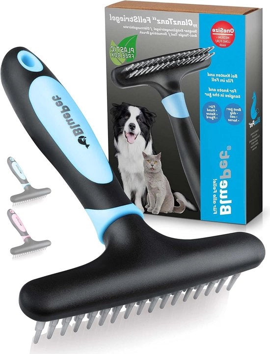 Borsetta per eliminare i peli di cani e gatti - vetrina per capelli lunghi in blu per aiutare a rimuovere i peli rossastri ergonomico manico in acciaio inossidabile