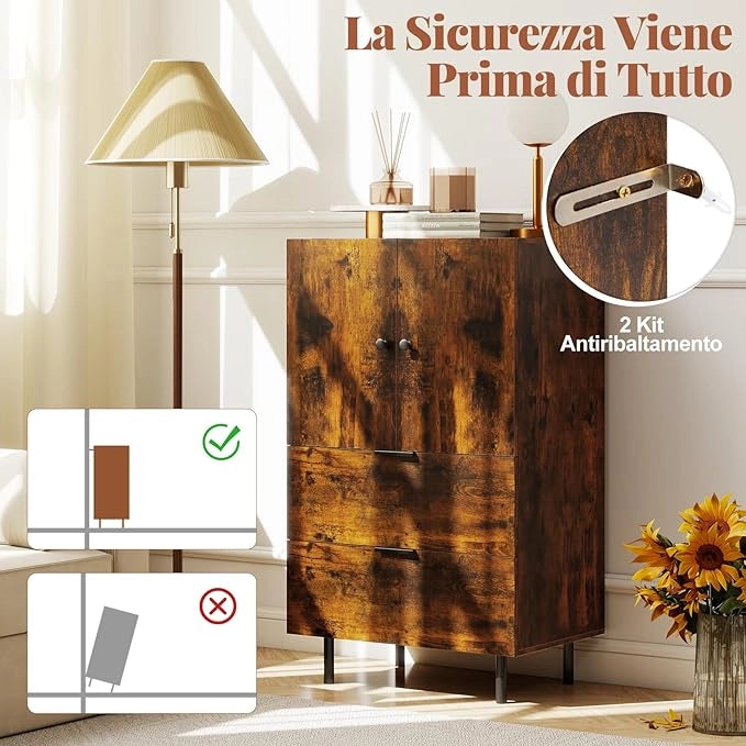 Credenza da Cucina, Armadio a 2 Ante con Cassetti e Mobile Contenitore, Mobile Cucina da Pavimento con Gambe in Metallo per Soggiorno e Appartamento, 60 x 41,5 x 102 cm (Marrone)