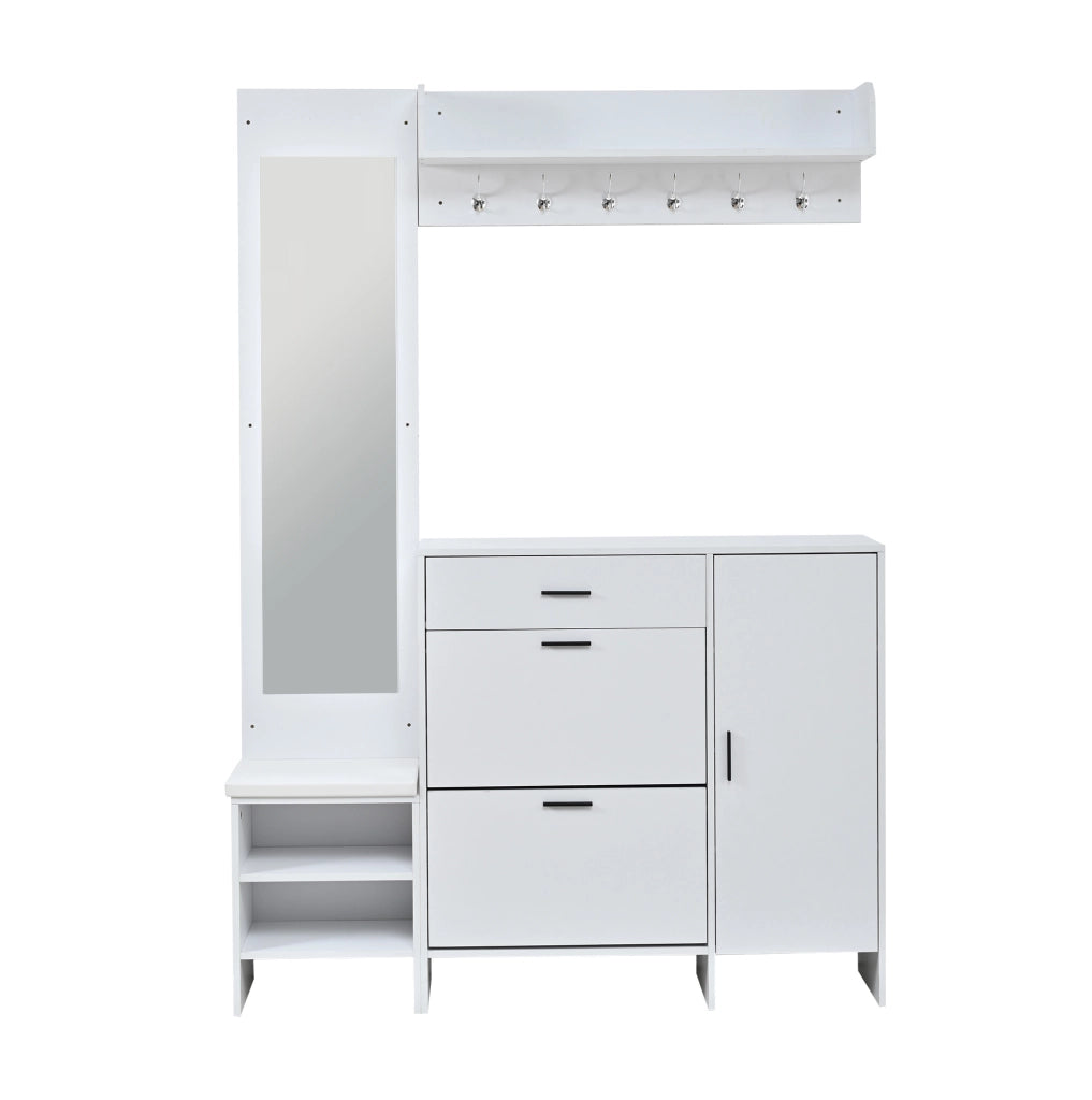 Mobile ingresso multifunzione 140x30x200 cm con specchio; scarpiera; ganci e panca; bianco