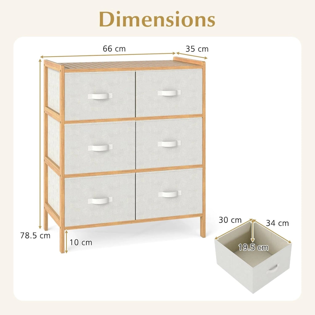 Cassettiera con 6 cassetti pieghevoli in tessuto, cassettiera in bambù a 3 livelli, mobile organizer con dispositivo antiribaltamento, armadio di stoccaggio per camera da letto, soggiorno