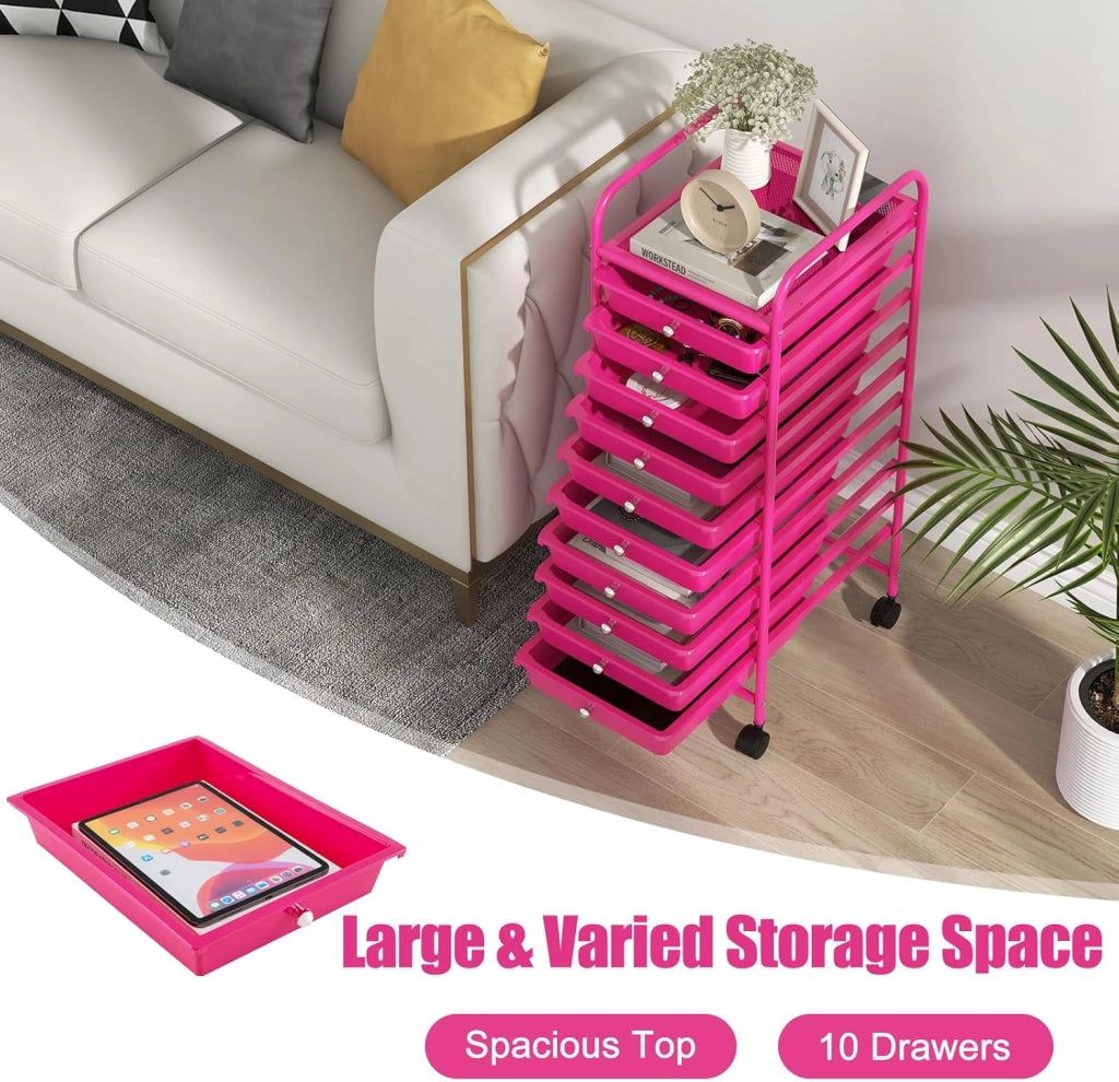 Carrello Portaoggetti con 10 Cassetti Impilabili, Struttura in Metallo e Ruote Bloccabili, Organizer Multiuso per Cucina e Ufficio