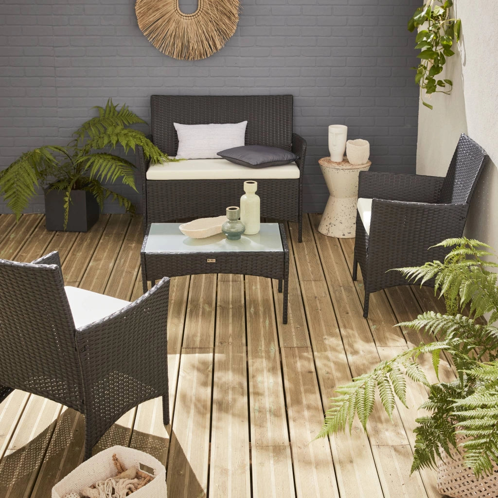 Salotto da giardino in resina intrecciata, 4 posti, nero