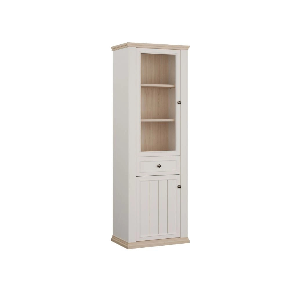 Vetrina Essenza 1 Anta Vetro e 1 Anta con Cassetto Bianco e Rovere 202 cm – Stile Classico