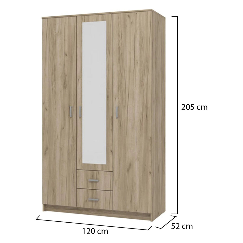Armadio Camera da Letto Crati, Guardaroba 3 Ante Appendiabiti, 120x52 cm Marrone Rovere