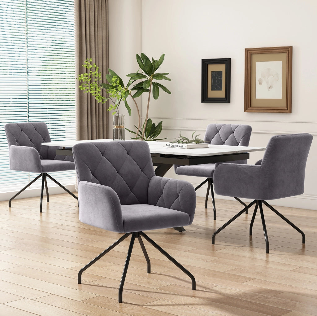 Set di 4 sedie da pranzo in velluto; con braccioli e gambe in metallo; grigio scuro