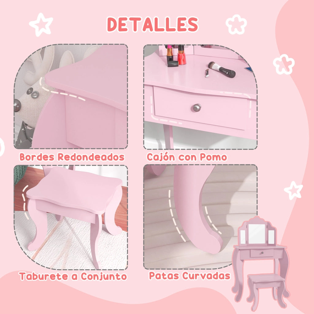 Tavolino trucco per bambine con specchio e sgabello ¨C Xylo ¨C Rosa con cassetto 3-6 anni