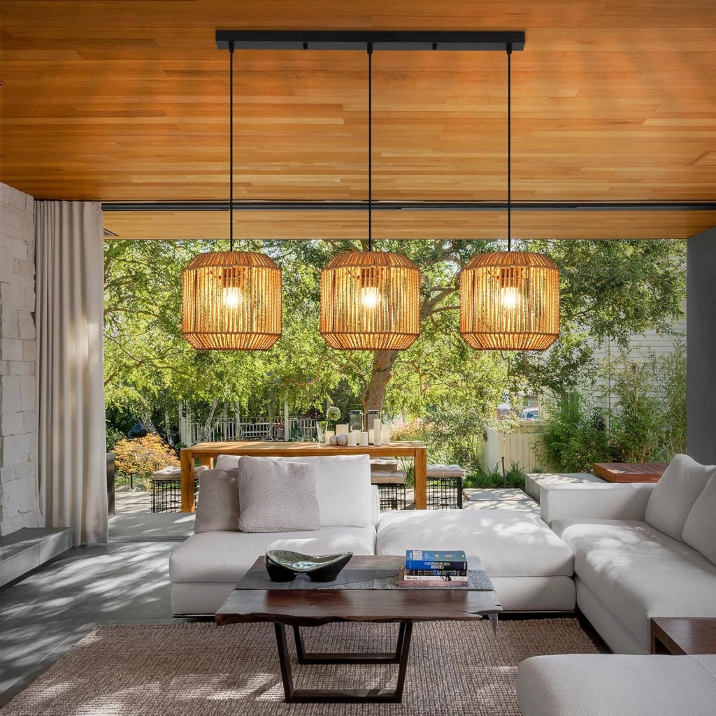 Lampada a sospensione ZMH vintage a 3 luci in stile legno e rattan (lampadina non inclusa)