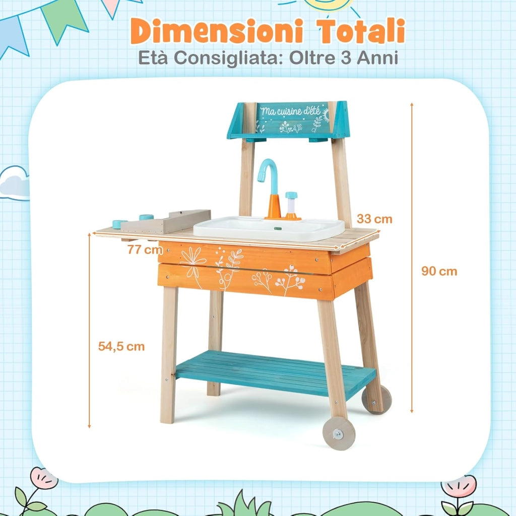 Cucina Giocattolo per Bambini, Cucinatta in Legno da Esterno con 2 Ruote, Griglia, Manopole Girevoli, Lavandino e Rubinetto, Cucina da Fango Interattiva con Accessori per Bambini 3+ Anni