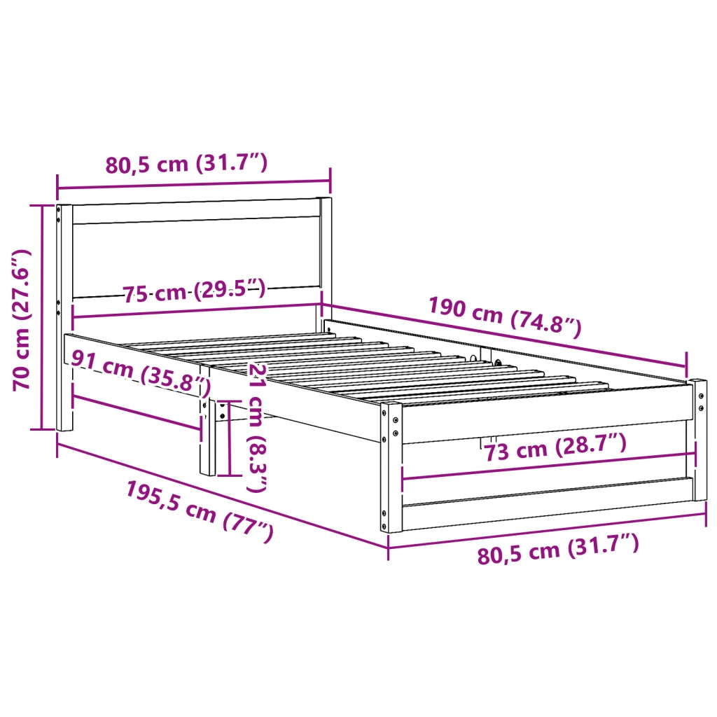 Struttura Letto Bianca Legno Massello di Pino 75 x 190 cm