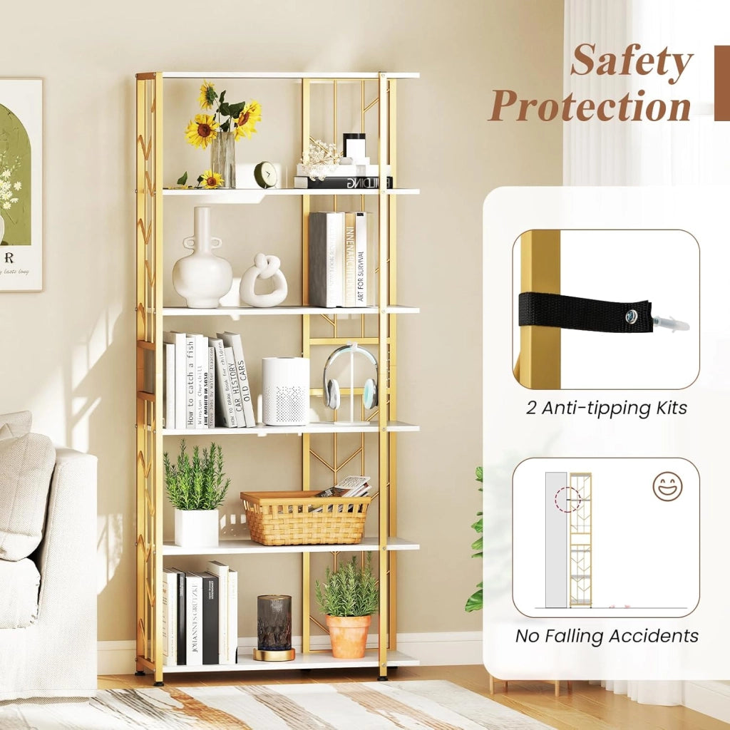 Scaffale a 6 livelli, libreria 180 cm di altezza con ripiani aperti, organizer portaoggetti autoportante con telaio in metallo e kit antiribaltamento, per soggiorno, ufficio (oro + bianco)