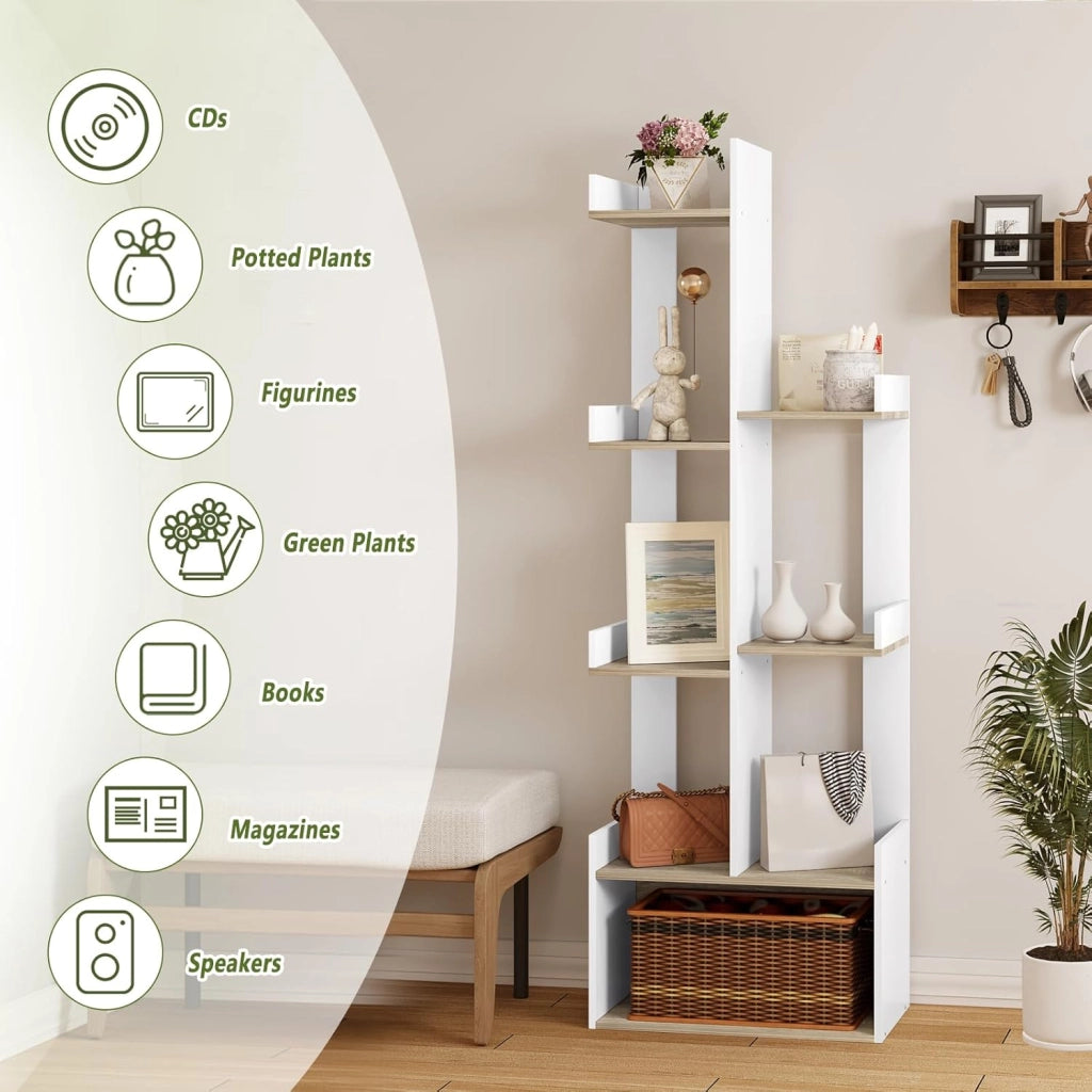 Libreria Verticale Autoportante, Libreria Angolare ad Albero, Porta Libri con 7 Ripiani e 1 Scomparto Aperto, in Truciolare, Bianco e Rovere Chiaro, 49x25x146cm