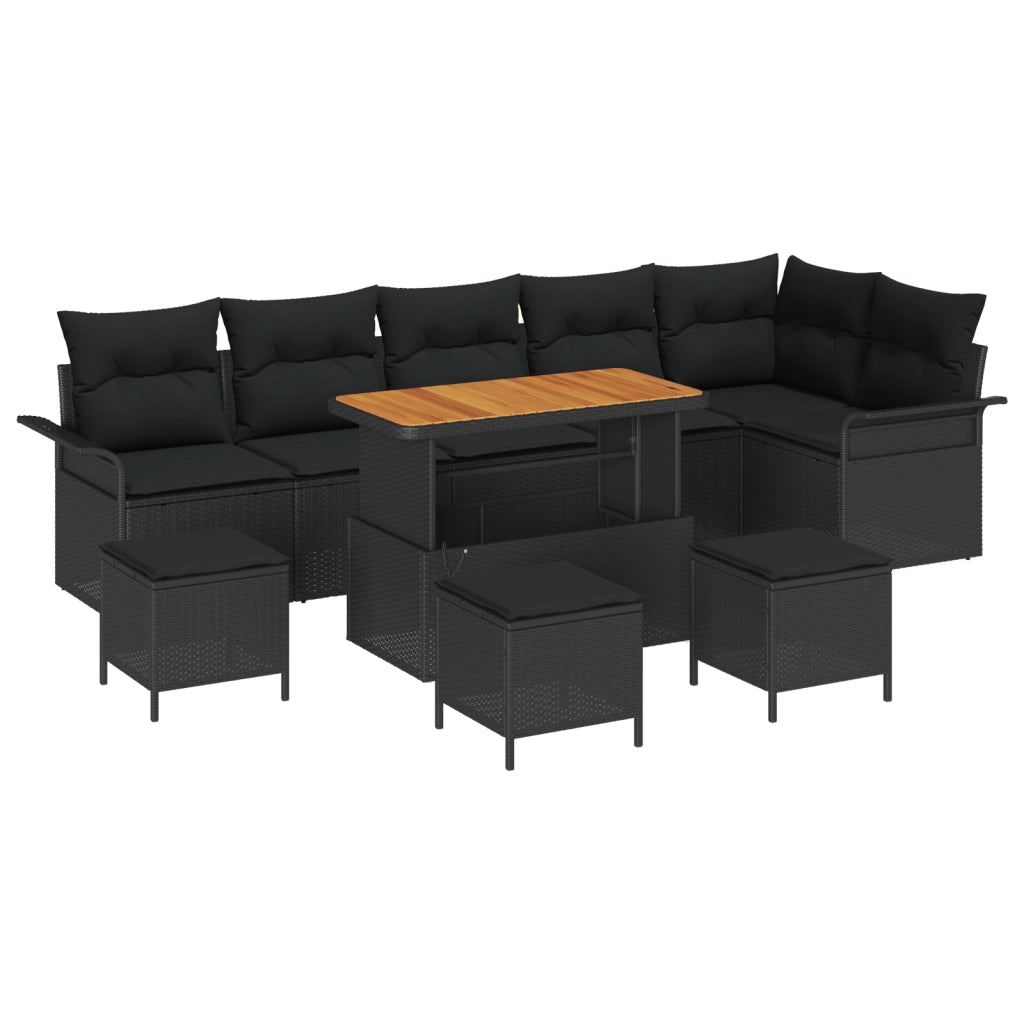 Set di Divani da Giardino da 10 Pezzi con Cuscini Nero Polyrattan Acacia