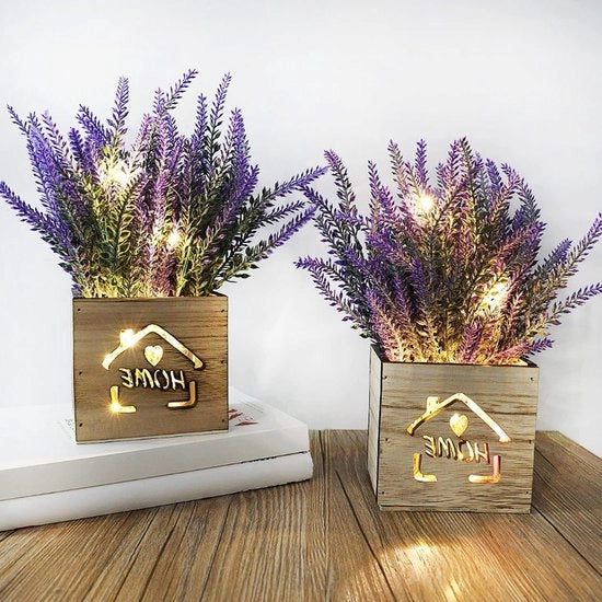Due piante artificiali con lampadine LED in scatola di legno 11 x 9 x 26 cm per ufficio casa tavolo cucina decorazione San Valentino Giornata delle Donne