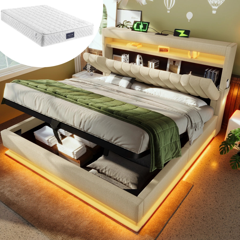 Letto imbottito 140x200 cm con contenitore; LED; USB e Type-C; beige; con materasso