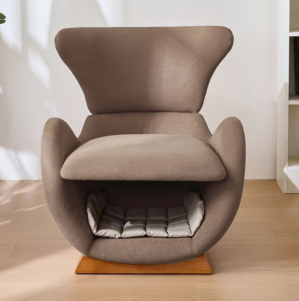 Poltrona lounge per persone e animali con cuccia integrata in tessuto e legno; marrone