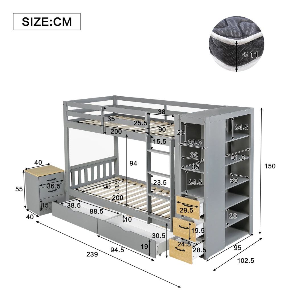 Letto a castello 90x200 cm con cassetti; scaffale laterale e comodino; grigio chiaro e naturale
